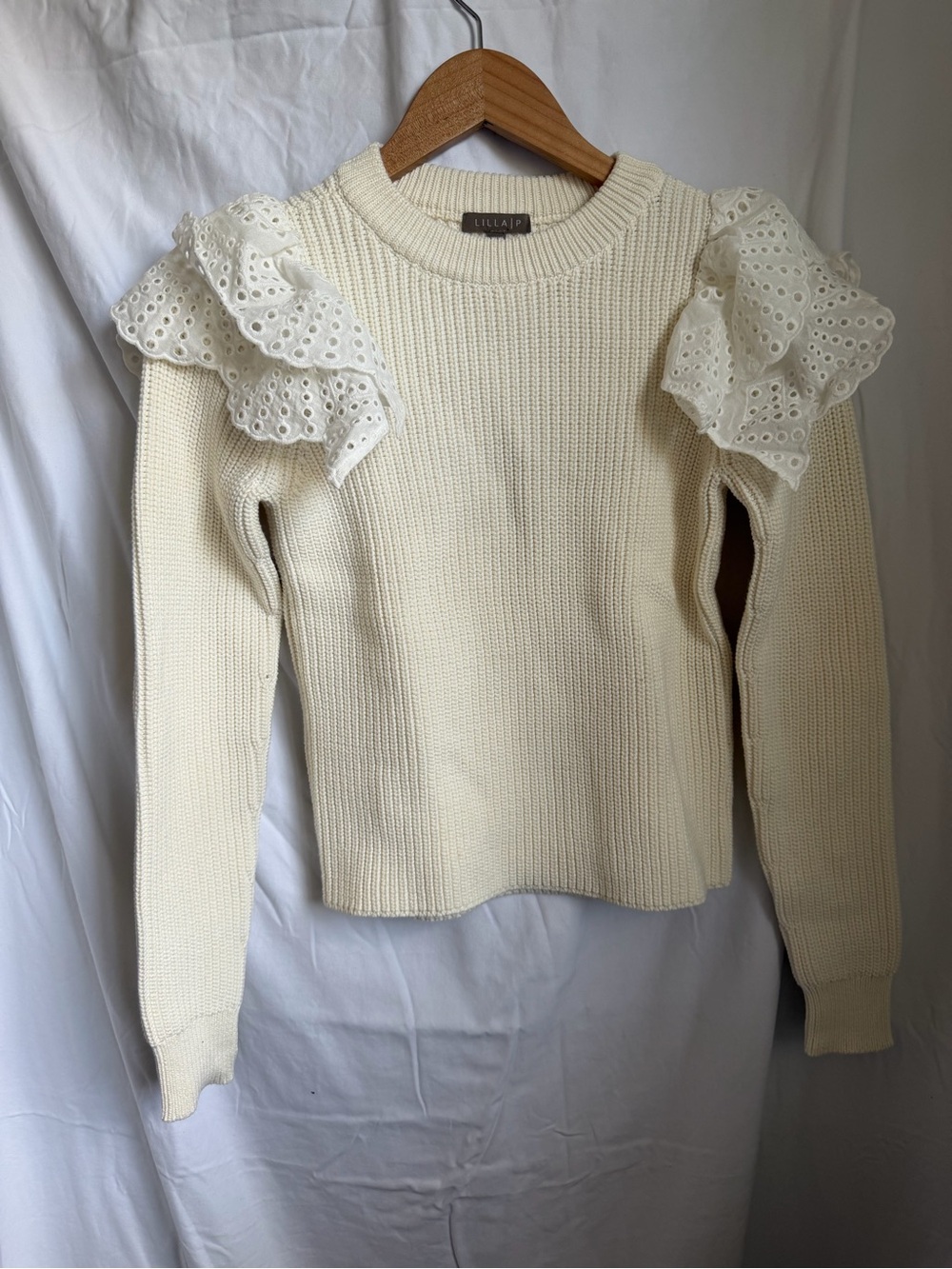 Eyelet Ruffle Shoulder Cream Knit Sweater